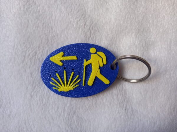 Primer plano del llavero Camino de Santiago mostrando flecha, concha y figura del peregrino